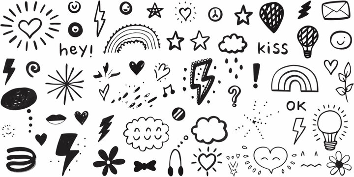 hand drawn doodle collection with hearts stars and lightning bolts