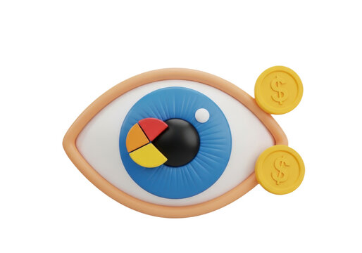3d illustration of an eye with a pie chart pupil and dollar coins isolated on transparent background