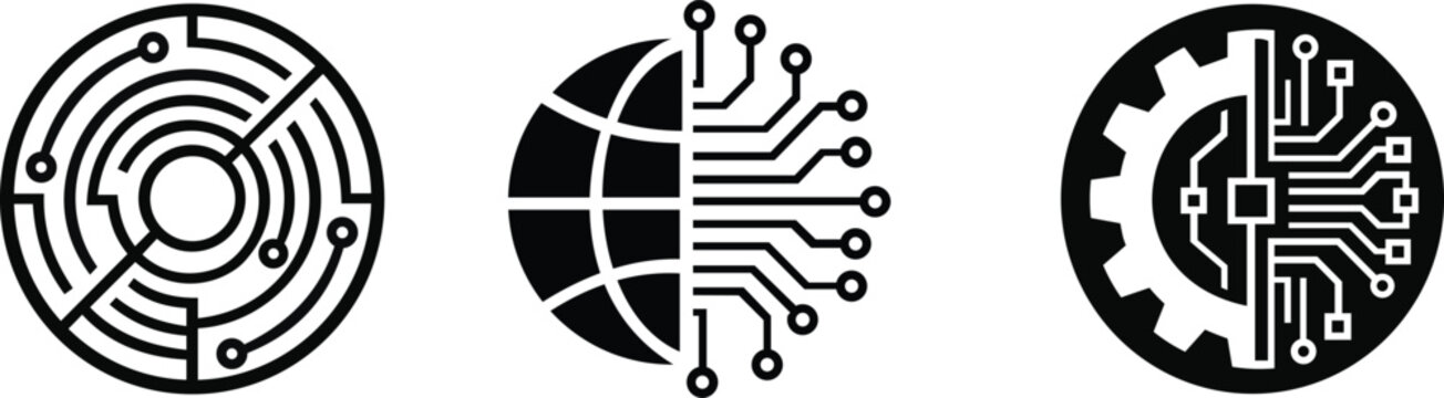 A minimal round icon set combining tech, circuitry, and digital connectivity visuals. The left icon shows a circular circuit pattern like a motherboard core, the middle icon blends a globe/network wit