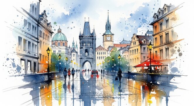Vibrant Watercolor Cityscape with Historic Buildings and People