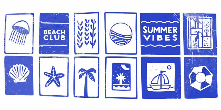 Beach themed stamps collection blue lino print style