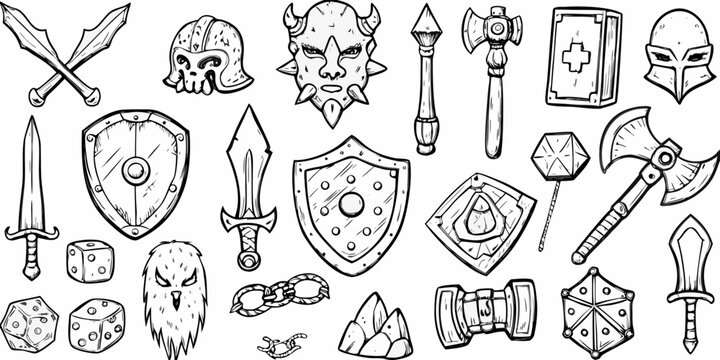 hand drawn fantasy weapon and armor set on white background
