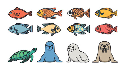 Cute Marine Life Collection: A delightful assortment of stylized marine creatures, including vibrant fish, a charming sea turtle, and playful seals and walruses, presented in a clean, graphic style. © mahmuda428