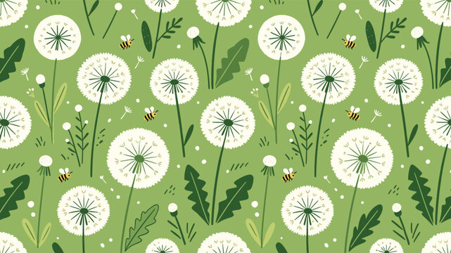 Cute dandelion and bee seamless pattern spring botanical background