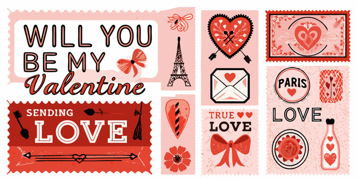 Vintage valentine cards and romantic elements red watercolor style