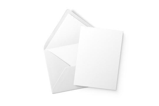 Open white 5x7 euro flap envelope and invitation card mockup isolated on transparent background, PNG. High Resolution.