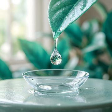 Dew drop falling from a leaf in a transparent pot