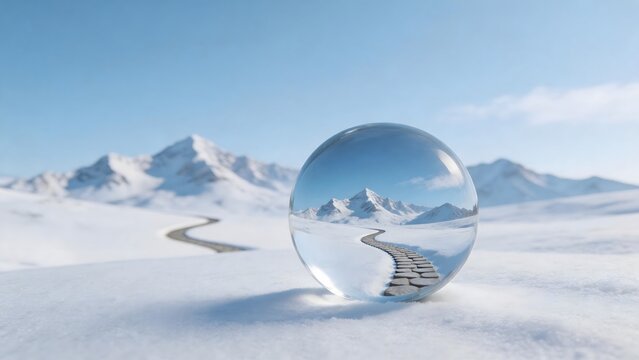 Snowy mountain path in crystal ball