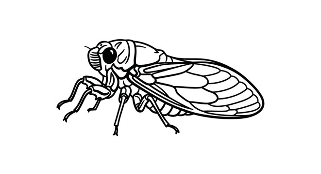 Black and white illustration of a cicada insect on white background