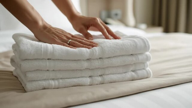 Woman arranging a stack of fresh white towels on a bed in a hotel room