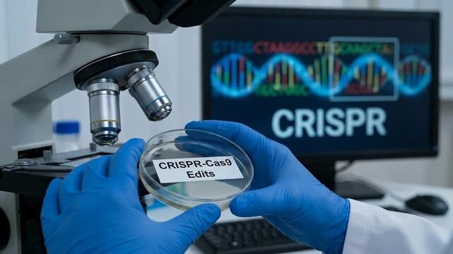 Gloved researcher precisely handling petri dish, displaying crispr cas9 edits, visualizing dna molecular structure, studying genome engineering, performing genetic manipulation.