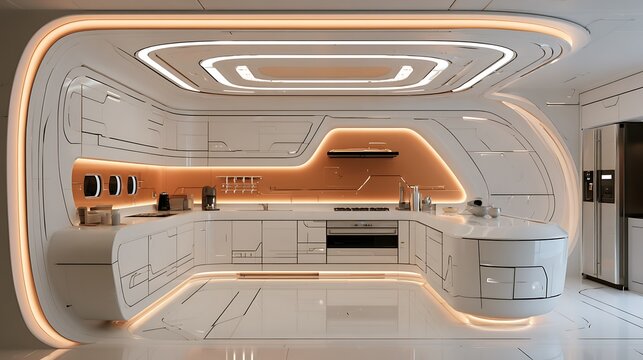 Futuristic kitchen interior design with white minimalist cabinets and warm ambient lighting