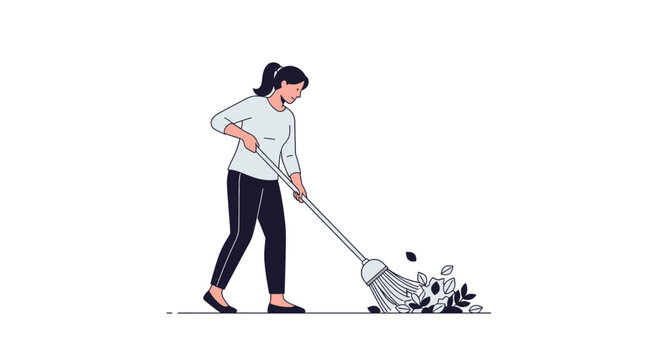 Woman sweeping leaves with a broom against a white background vector