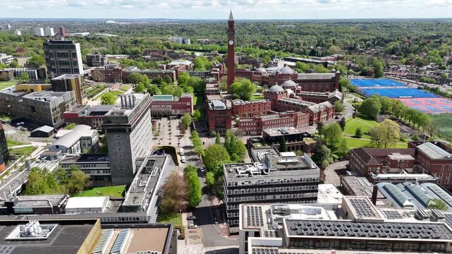 Aerial Drone View of University of Birmingham Edgbaston Campus and Old Joe Clock Tower
