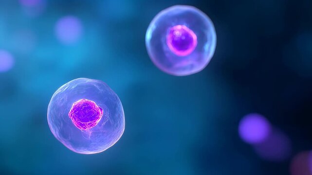 Biological cell division showing mitosis process. Microscopic visualization of cell replication in medicine. Scientific study of genetics and cellular development.