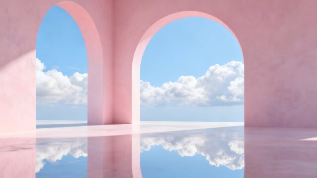 Pink arches with sky reflection