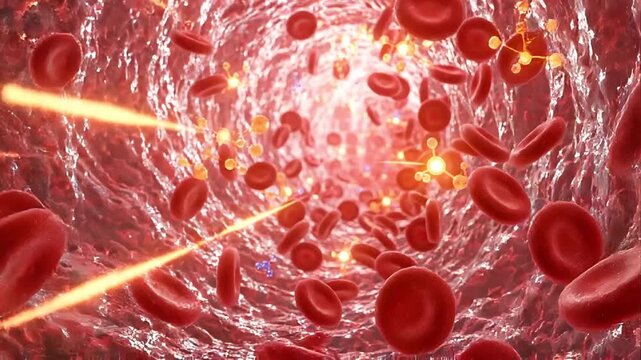 Insulin and glucose interact as hormone molecules with red blood cell flow inside 3d blood vessel artery showing vital biological processes in blood circulation and dynamic energy