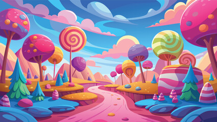 Colorful candy land landscape with lollipop trees and a winding path in a magical fantasy world Vector © CreativeKamrul