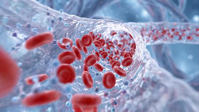 Insulin glucose hormone molecules interact with red blood cell in 3d microscopic view showing detailed molecular structure artery vein bloodstream cellular activity energy regulation circulation