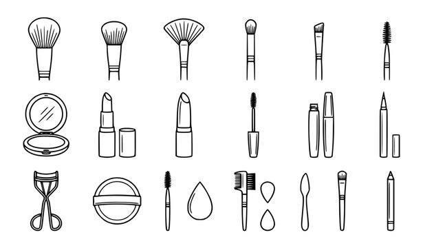 Makeup brushes and cosmetic tools black and white vector collection