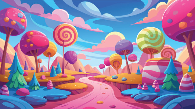 Colorful candy land landscape with lollipop trees and a winding path in a magical fantasy world Vector