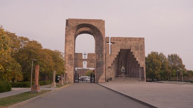  Gate to the Etchmiadzin Cathedral in Armenia. Echmiadzin monastery complex in Armenia, Caucasus. he oldest cathedral in the world, ancient Christian architecture.
