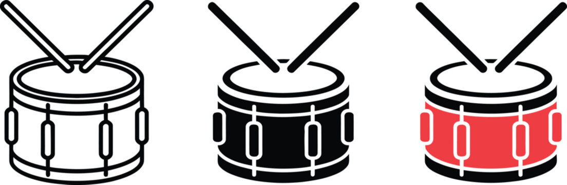 Vector illustration of black, red and white drums with drumsticks