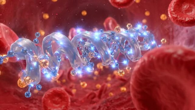 3d insulin hormone molecule with glucose and red blood cell in bloodstream showing detailed molecular structure biological process medical science inside blood vessel illustration