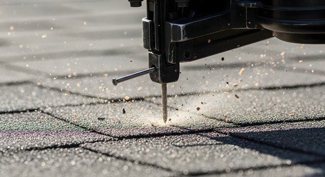 Close up view of roofing nail gun firing metal fastener into dark shingle material with flying dust.