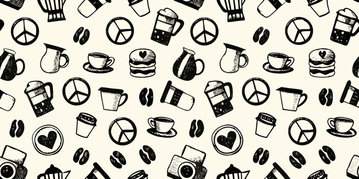 coffee themed doodle pattern with peace signs and beans