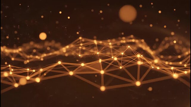 Abstract network of luminous points and lines in warm amber tones
