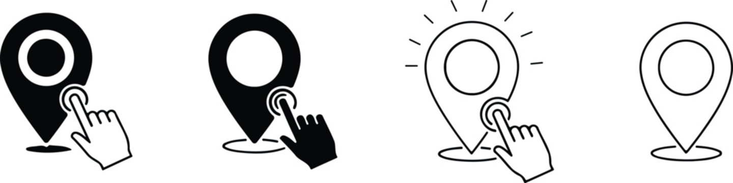 Location pin pointing icons set black and white vector illustration for digital interfaces