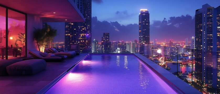 Rooftop pool with city view at night, luxury lifestyle with purple lighting