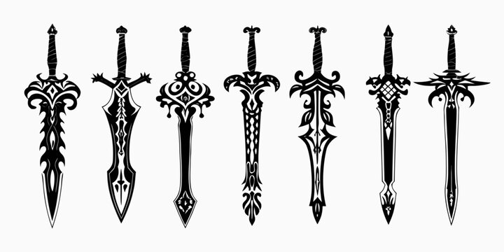 fantasy sword silhouettes collection of seven ornate weapon designs