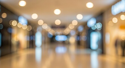 Fototapeta premium Blurred background of a modern shopping mall interior with bokeh lights.