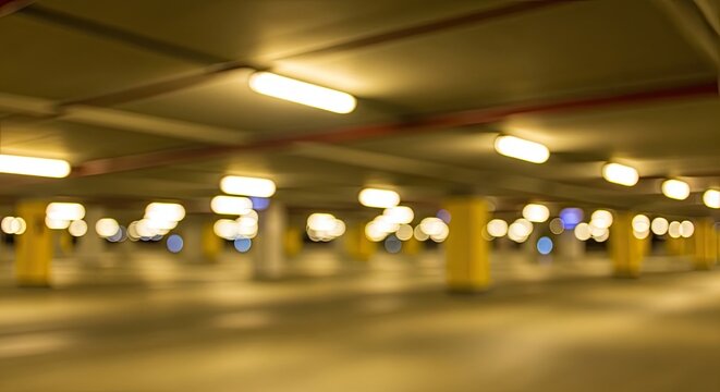 Abstract blurred background of an empty underground parking garage with warm bokeh lights.