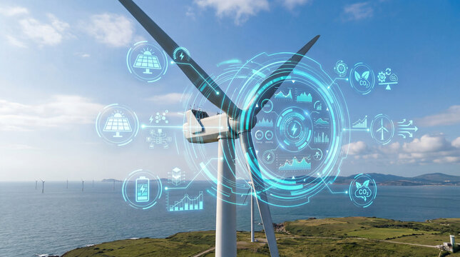 Innovative wind energy solutions offshore turbine technology coastal area digital imagery aerial view renewable energy concept