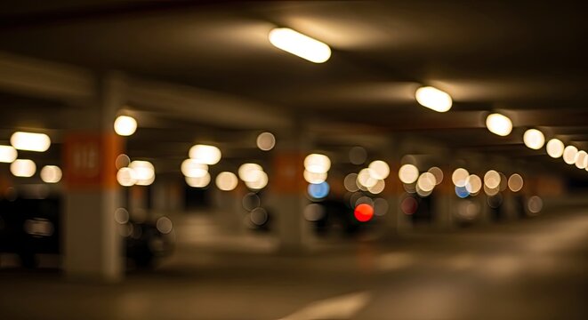 Abstract background of blurred lights in an underground parking garage at night.