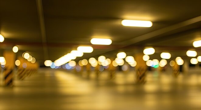 Abstract defocused background of a brightly lit underground parking garage with warm bokeh lights.