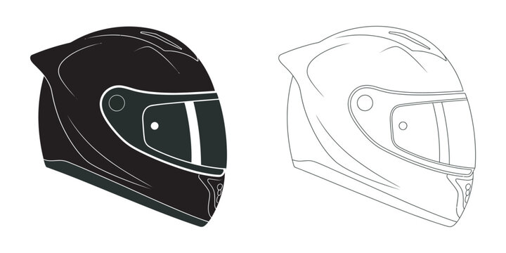 Motorcycle helmet vector illustration, full face black white safety speed protection racing gear isolated white background