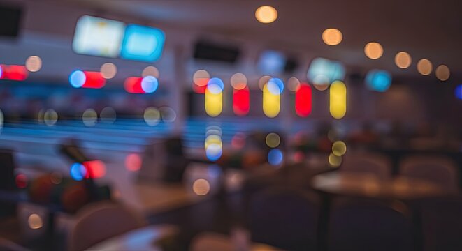 Abstract blurred background of a vibrant bowling alley with colorful bokeh lights.