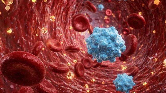 Insulin hormone interaction with glucose and red blood cell inside blood vessel shown in detailed 3d medical illustration featuring cellular structure dynamic flow and vibrant colors