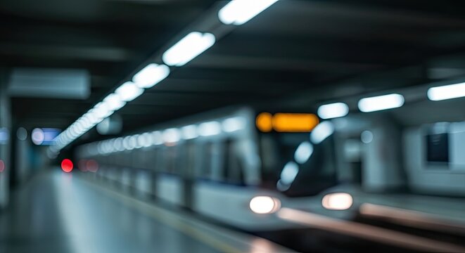 Abstract motion blur of a subway train arriving at a modern underground station.