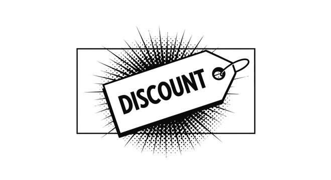 Discount tag with sunburst effect, sale promotion concept, black and white graphic