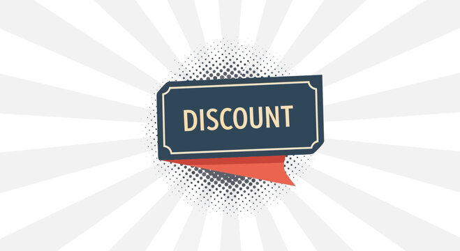 Discount Tag with Ribbon and Halftone Dots on Sunburst Background
