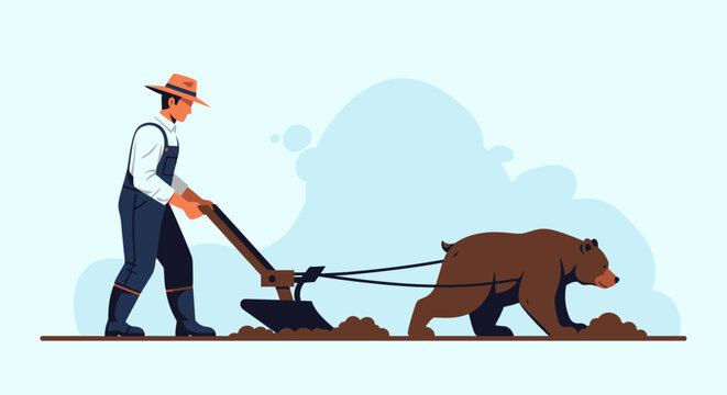 Farmer plowing field with bear illustration of labor and partnership