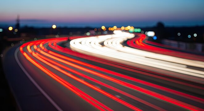 Streams of red and white light from traffic on a busy freeway at dusk.