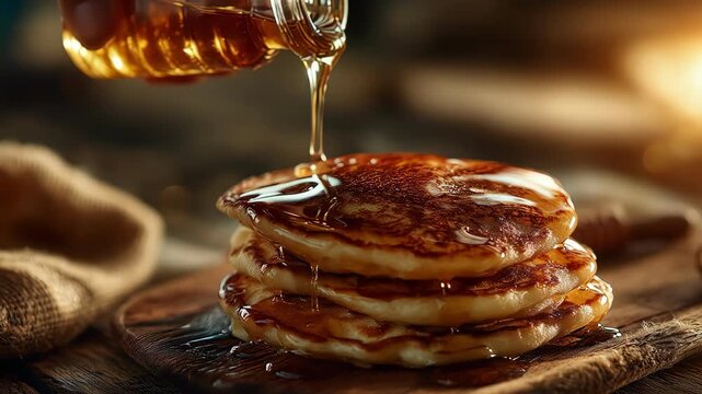 Hand pouring sweet honey from a glass jar onto a stack of fluffy pancakes