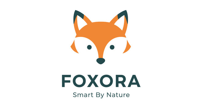 Foxora branding company logo design, smart by nature slogan, modern fox head icon for business and technology
