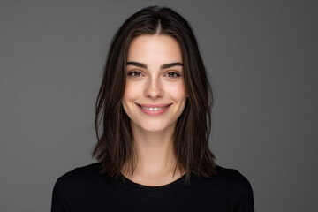 Obraz premium happy person stands in neutral pose against clean gray background radiating joy